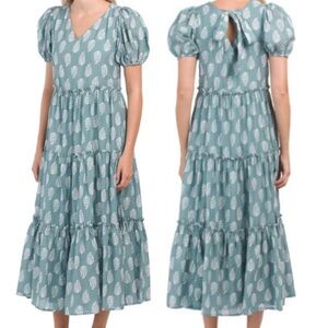 lucky brand Boho balsam green paisley puff short sleeve V-neck tiered maxi dress